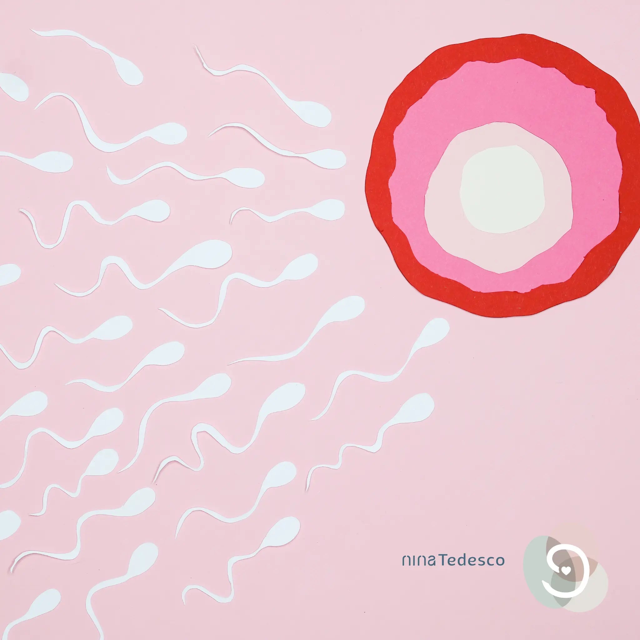 Bild von gemalter Eizelle und Spermien die darauf zu schwimmen.