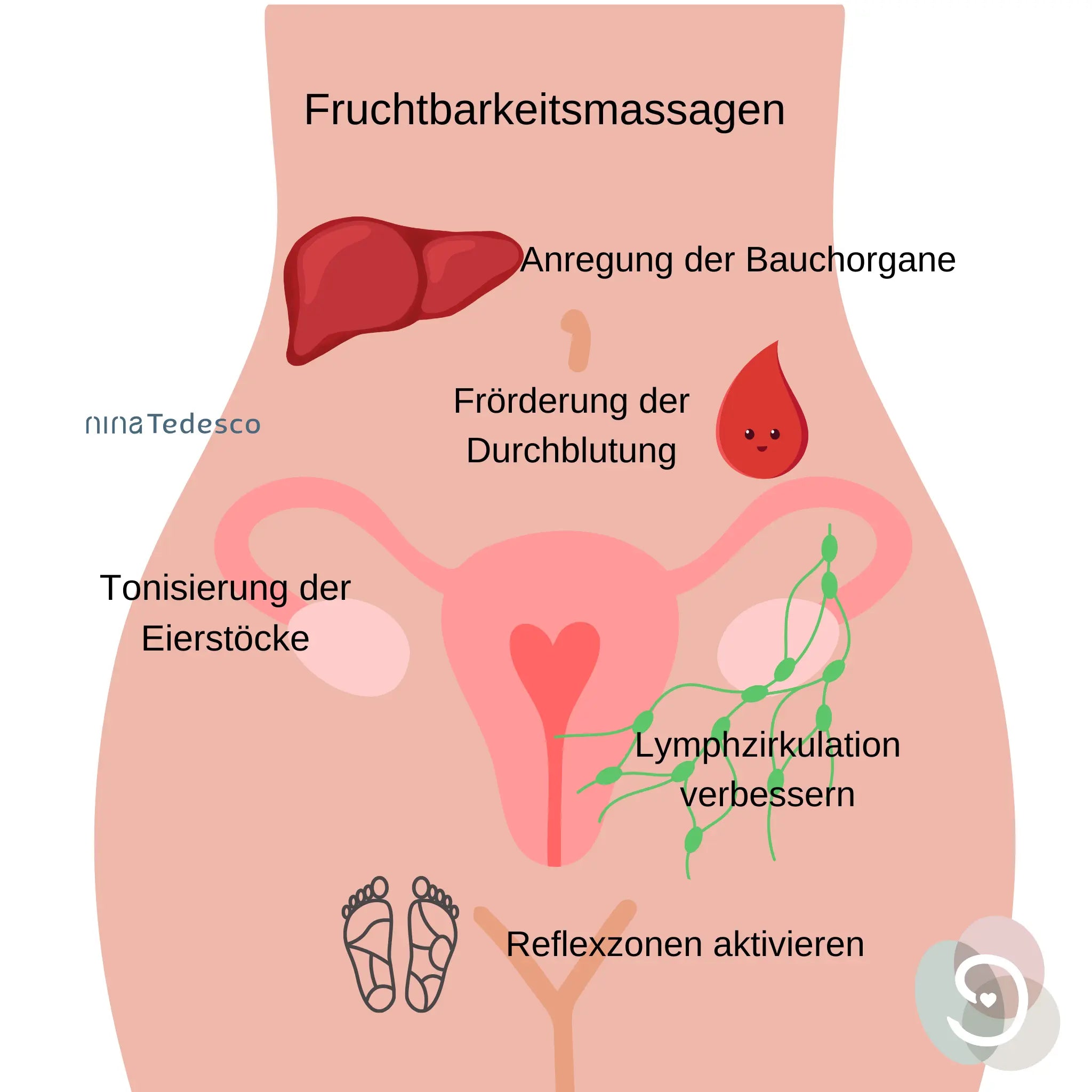 Grafik für Fruchtbarkeitsmassagen. Bild mit Wirkung: Anregung der Bauchorgane, Förderung der Durchblutung, Tonisierung der Eierstäcke, Lymphzirkulation verbessern.
