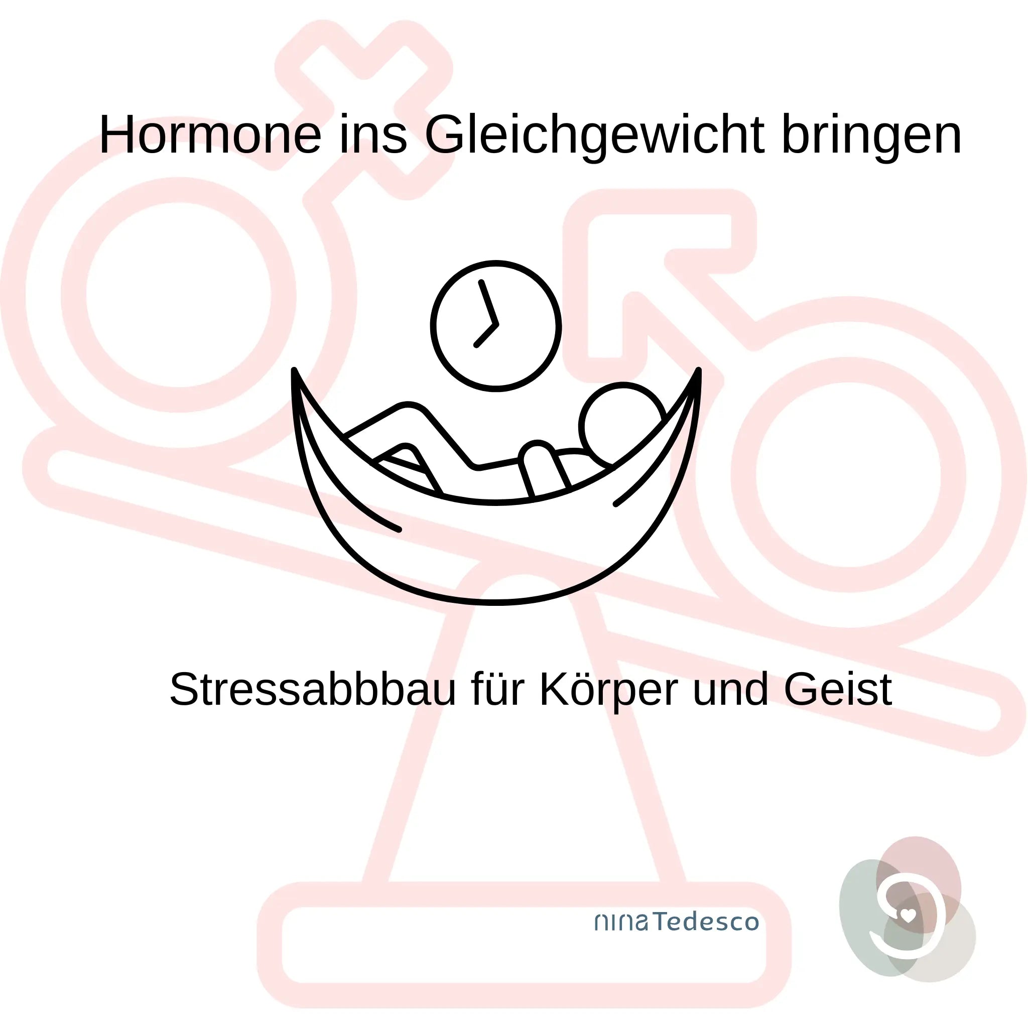 Hormone ins Gleichgewicht bringen / Stressabbau für Körper und Geist. Grafik von einer Hormonwage und einer Hängematte mit Uhr.